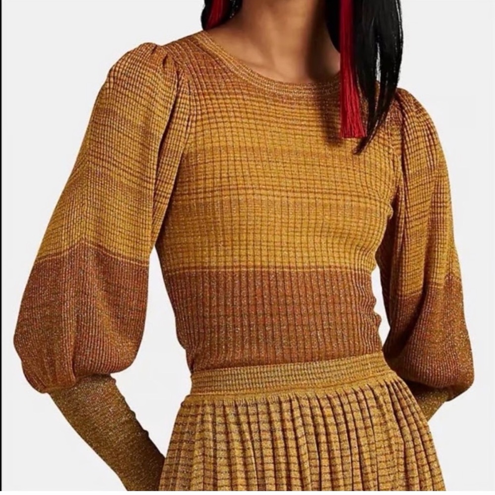 Ulla Johnson Metallic Ribbed Puff-Sleeve Top in Mustard & Bronze